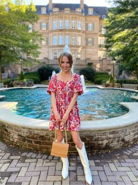 Floral Puff-Sleeve Mini Dress - Pink Red Print